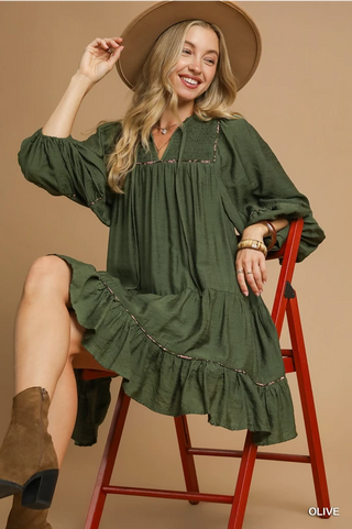 Tiered Long Sleeve Mini Dress - Olive