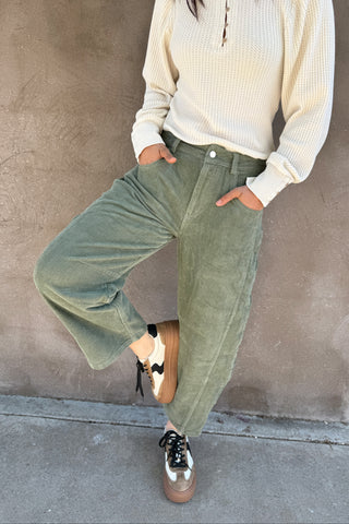 Olive Mid Rise Corduroy Barrel Pants