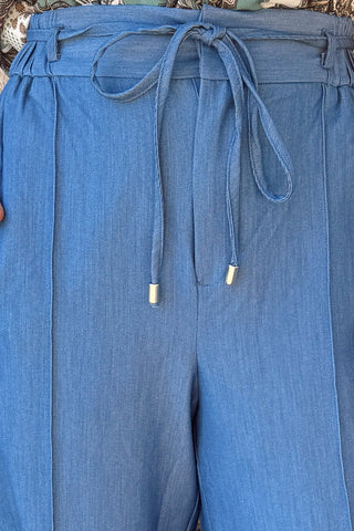 Light Denim High-Waist Pintuck Pants