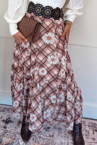 Printed Nylon Mesh Swing Maxi Skirt - Brown Combo