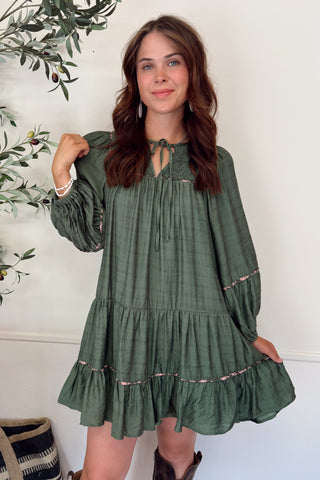 Tiered Long Sleeve Mini Dress - Olive
