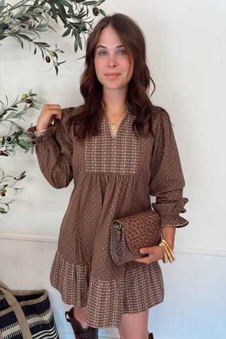 Polka Dot Plaid Trim Babydoll Dress - Brown
