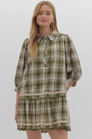 Tiered Mini Plaid Ricrac Detail Dress