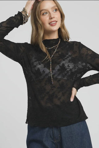 Lace Sheer Long Sleeve Top - Black