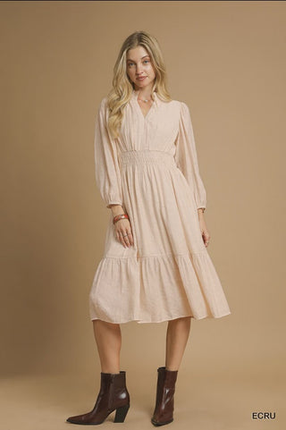 Jacquard Midi Dress with Smocked Waist - Ecru