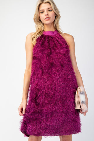 Eyelash Fringe Mini Halter Dress - Magenta