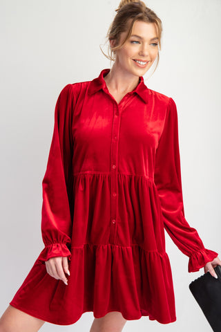 Button Down Velvet Dress - Viva Red