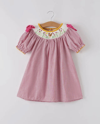Girls Autumn Smocked Rooster Embroidered Dress