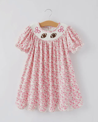 Smocked Football Bow Embroidered Dress