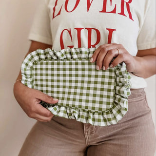 Gingham Frilly Makeup Bag - Green