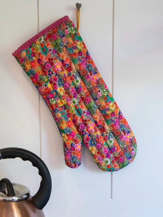 Blue Folk Flower Patchwork Double-Sided Oven Mitt