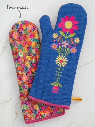 Blue Folk Flower Patchwork Double-Sided Oven Mitt