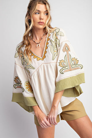 Embroidered Cotton Gauze Babydoll Top - Natural Sage