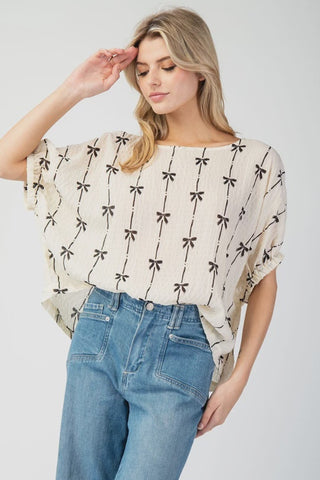 Bow Printed Short Sleeve Top - Cream