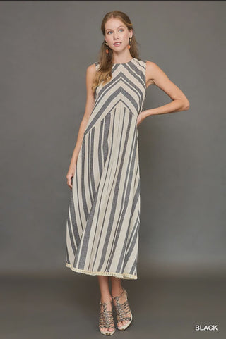 Washed Sleeveless Striped Midi Dress - Black