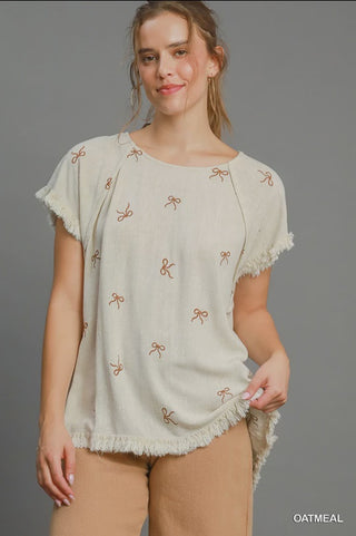 Linen Blend Ribbon Embroidered Top - Oatmeal