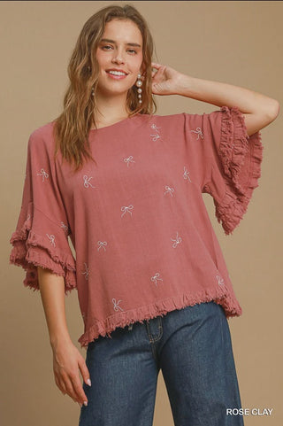 Ribbon Embroidered Flutter Sleeved Top - Rose Clay