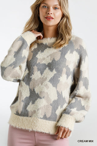 Cream Mix Camo Fuzzy Knit Sweater