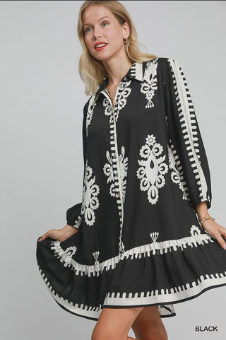 Border Print Tiered Hem Dress - Black