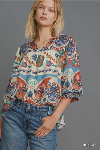 Split Neck Print Top - Blue Mix