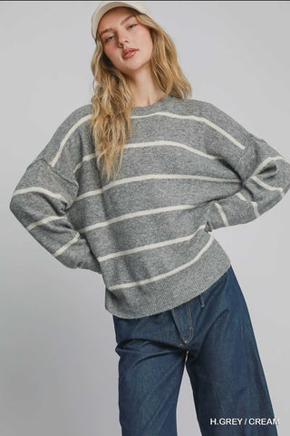 Wool Blend Grey and White Stripe Sweater