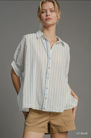 Stripe Collared Button Down Top - Lt. Blue