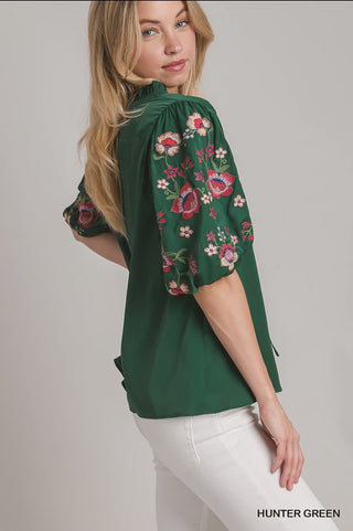 Embroidery Puff Sleeve Top with Ruffle - Hunter Green