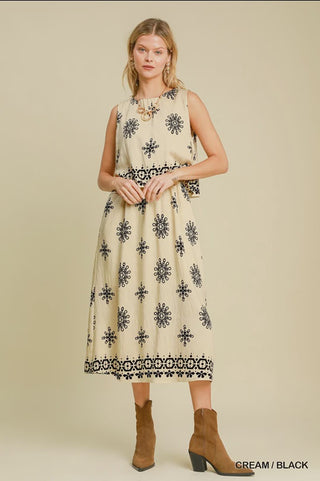 Borderprint Double Layered Midi Dress - Cream/Black