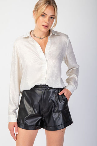 Long Sleeve Foil Woven Blouse - Pearl