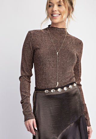 Sparkle Long Sleeve Mock Neck Fitted Top - Bronze