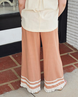 Lace Trim Fringe Hem Wide Leg Pants
