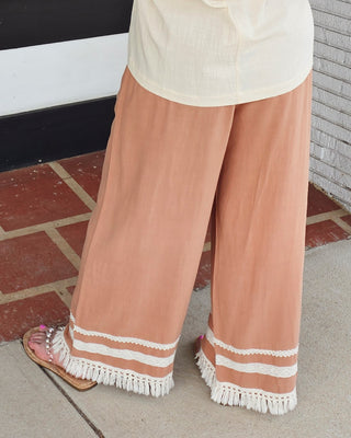 Lace Trim Fringe Hem Wide Leg Pants