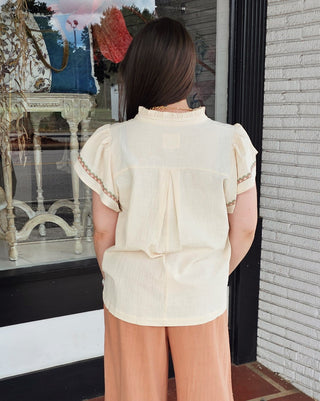 Embroidered Flutter Sleeve Blouse - Cream