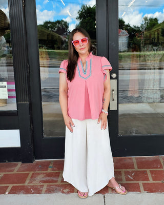 Embroidered Flutter Sleeve Blouse - Mauve