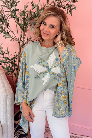 PRINT MIX PONCHO- SAGE GREEN