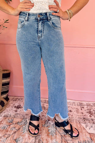 Stretch Wide Leg Crop with Scalloped Fringe Hem