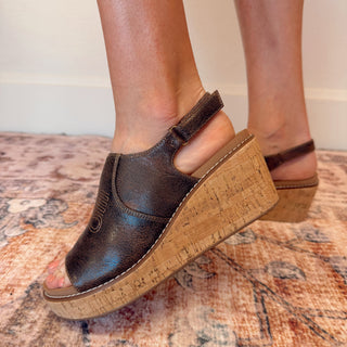 Brown open-toe wedge sandals on a patterned rug