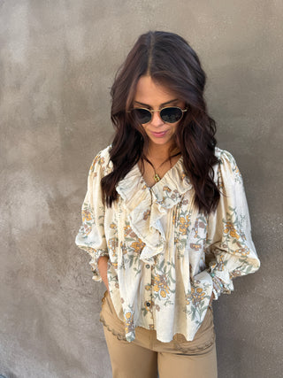 Ecru Pleated Bodice Floral Top