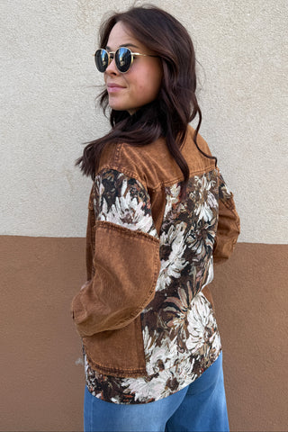 Stone Washed Denim Jacquard Panel Midi Jacket