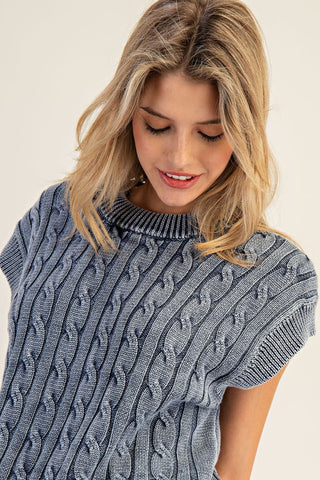 Mineral Washed Cable Knit Sweater - Ink