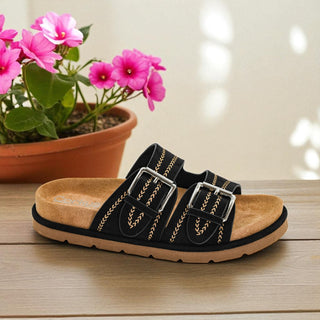 Smitten Slide Sandals - Black Faux Suede