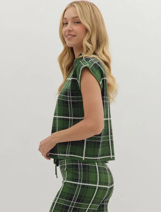 Plaid Cap Sleeve Sweater - Pine Green
