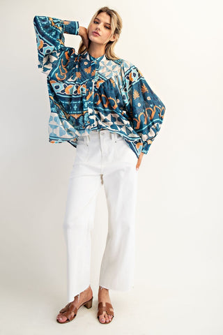 Geometric Long Sleeve Blouse - Cobalt Wave