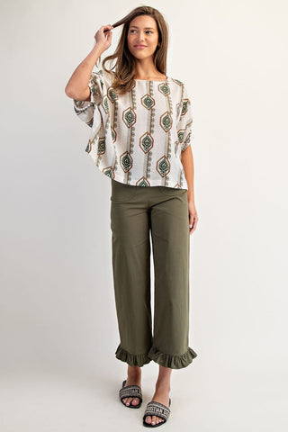 Geo Floral Elastic Cuff Blouse - Olive Garden