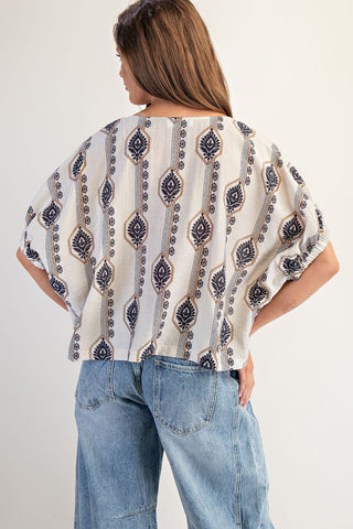 Geo Floral Elastic Cuff Blouse - Blue Accent