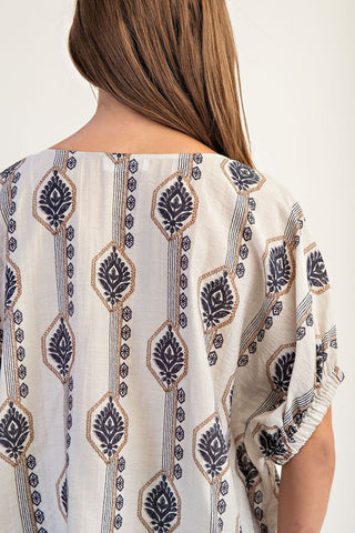 Geo Floral Elastic Cuff Blouse - Midnight