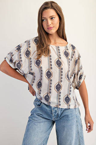 Geo Floral Elastic Cuff Blouse - Blue Accent