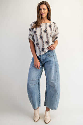 Geo Floral Elastic Cuff Blouse - Blue Accent