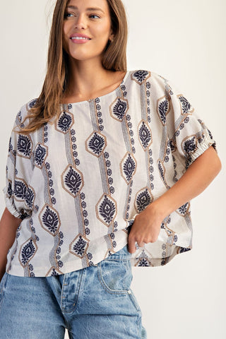 Geo Floral Elastic Cuff Blouse - Blue Accent