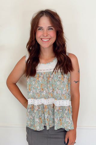 Round Neck Sleeveless Woven Floral Top - Pistachio Multi